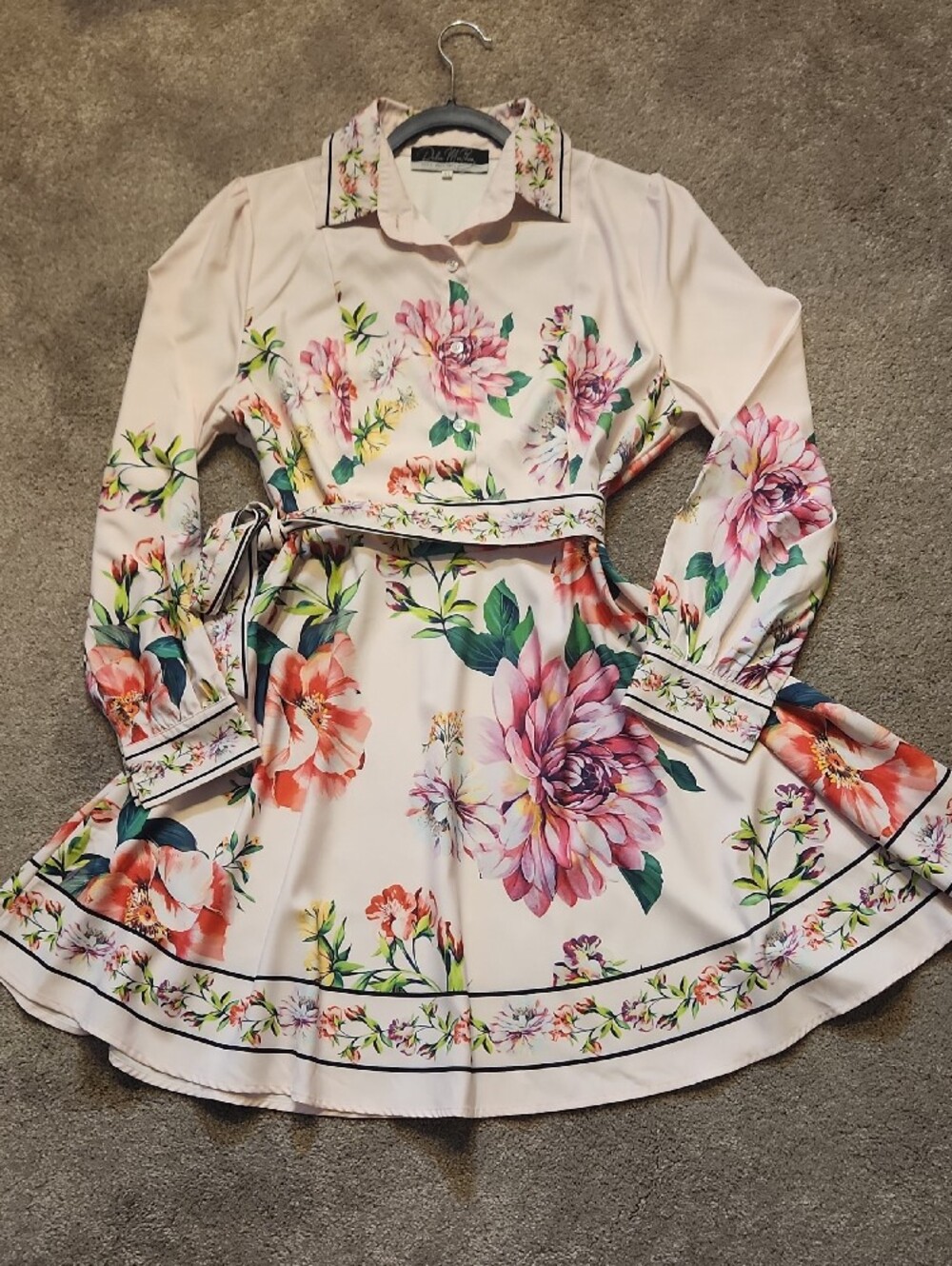 Dalia MacPhee Pink Floral Belted Collared Floral Midi Dress - Picture 4 of 12